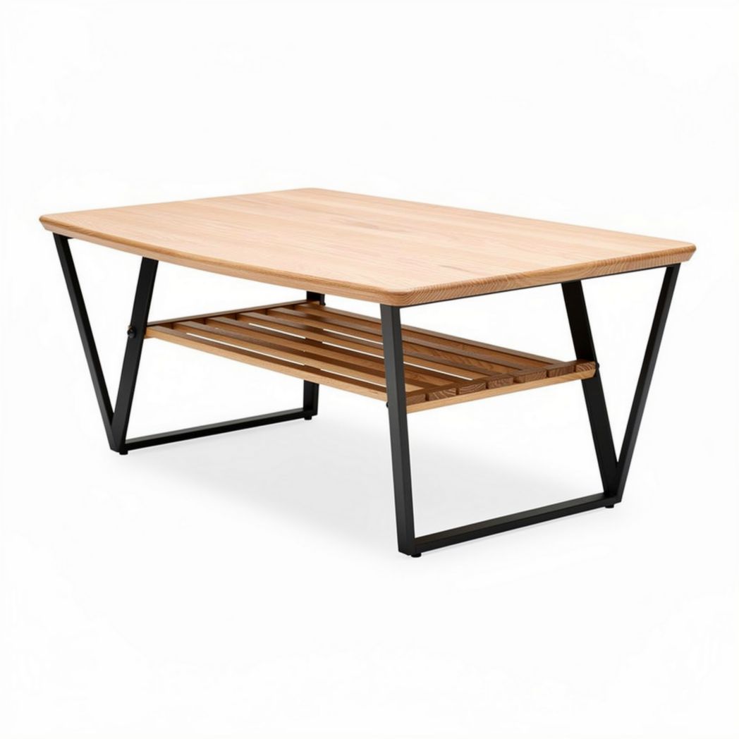 Bamboo coffee table with open storage shelf and black metal legs 120 x 60 x 40cm
