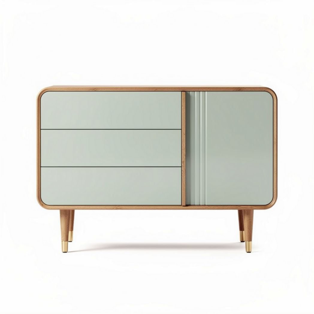 Modern oak sideboard with frosted glass doors and three drawers 120 x 50 x 75cm