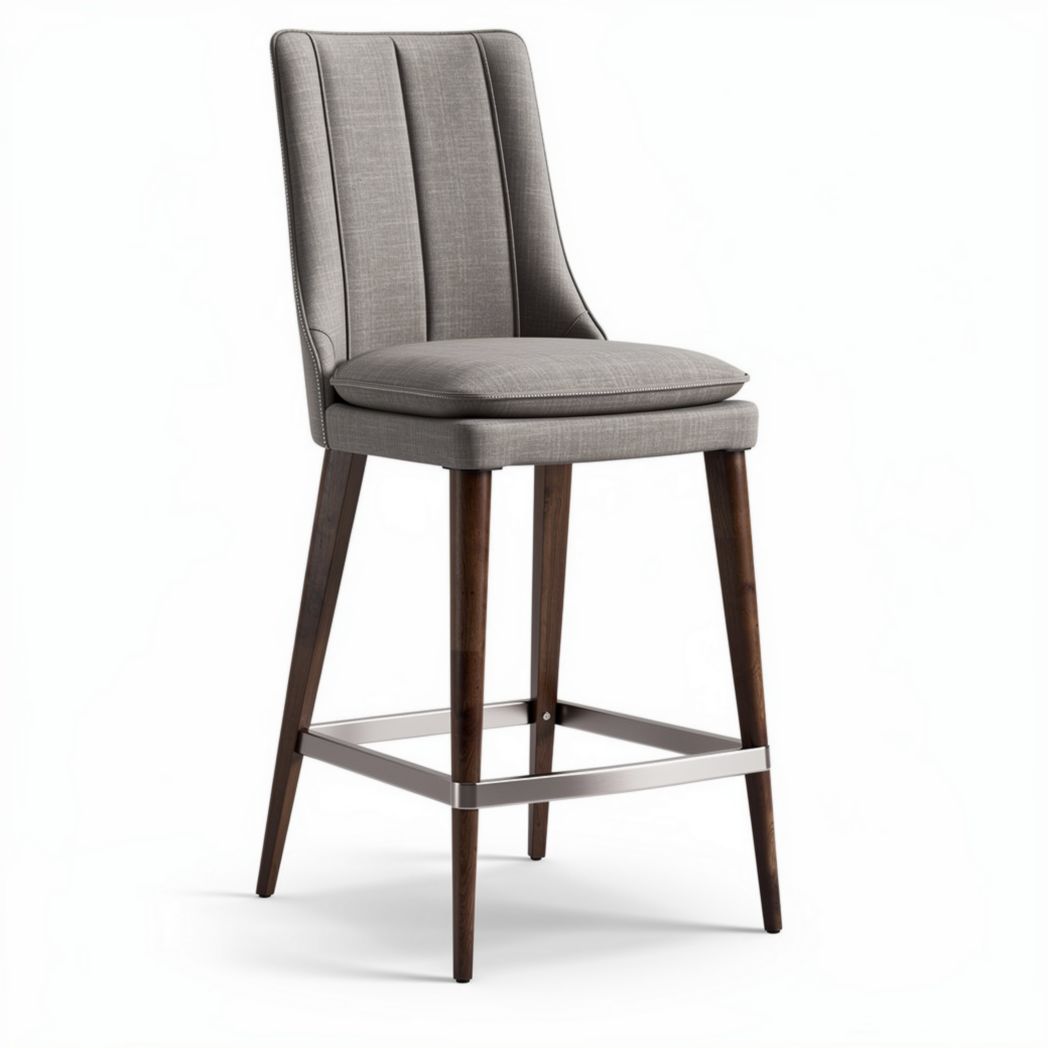 Grey upholstered bar stool with wooden legs and metal footrest 40 x 50 x 110cm