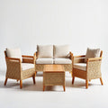 Outdoor wicker furniture set with beige cushions and wooden legs for patio