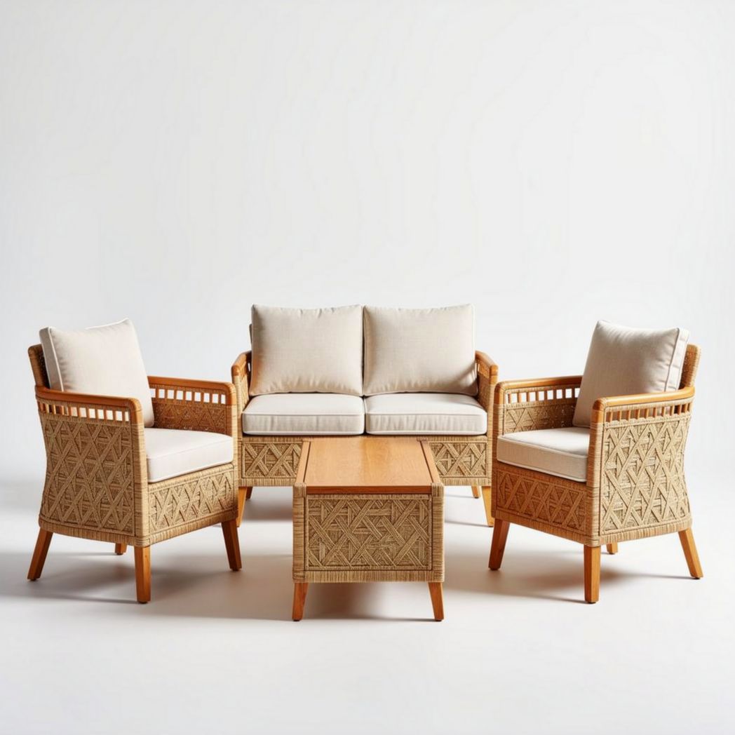 Outdoor wicker furniture set with beige cushions and wooden legs for patio