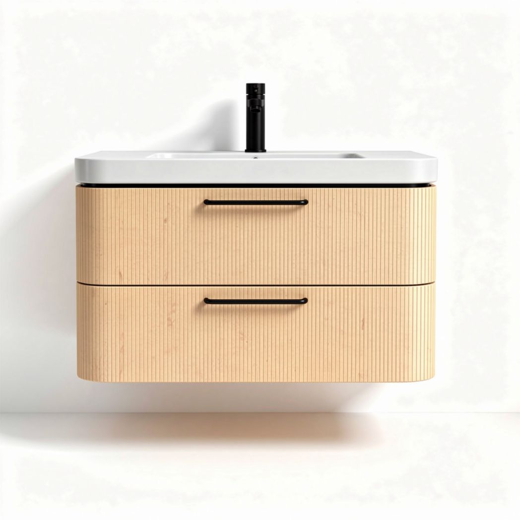 Wall-mounted bathroom vanity with wooden finish and ceramic sink 60 x 45 x 25cm