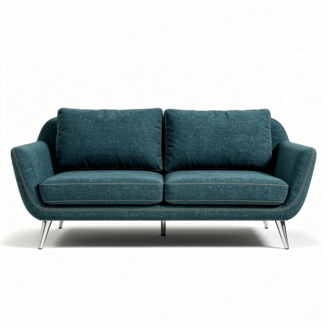 Modern teal fabric sofa with stainless steel legs and removable cushions 200 x 90 x 80cm