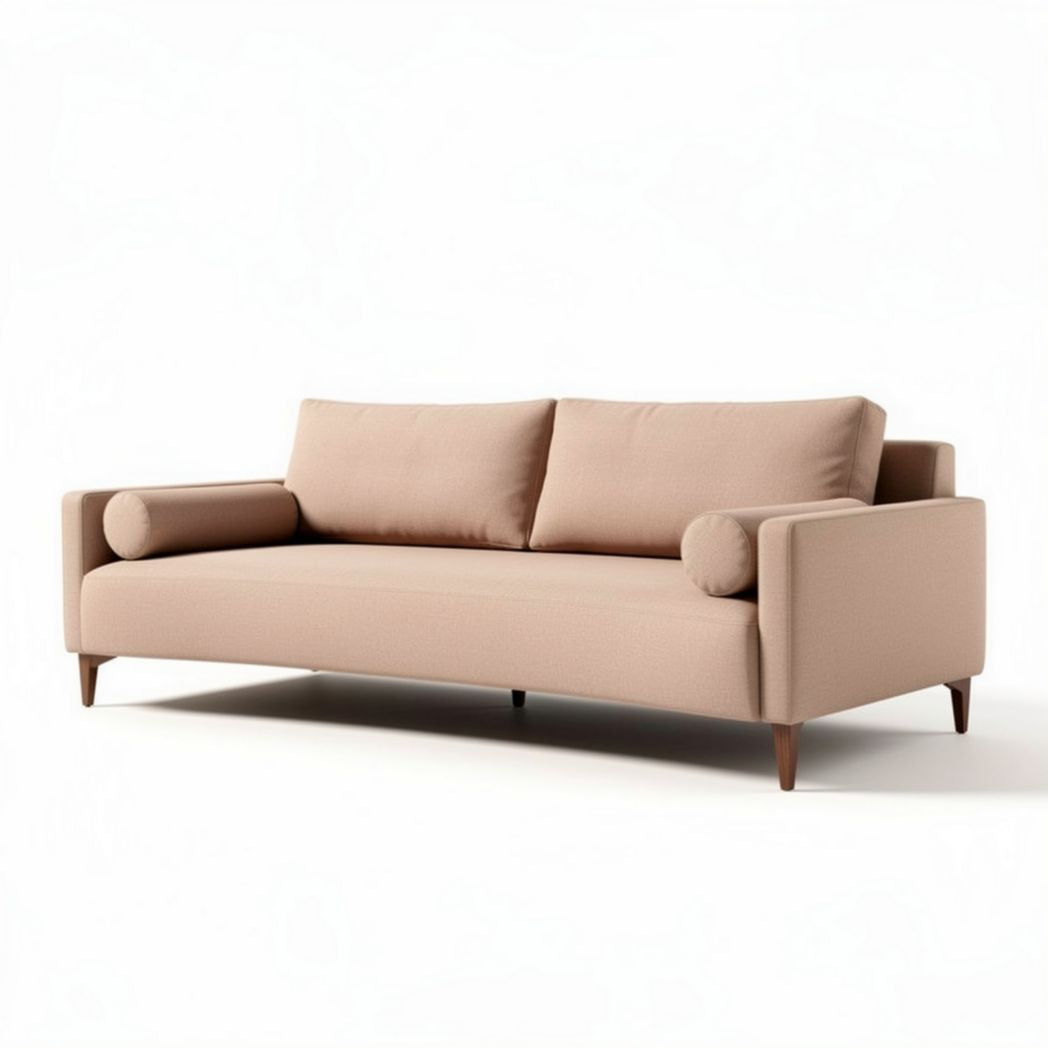 Mid-century modern sofa in soft beige fabric with wooden legs 210 x 90 x 85cm
